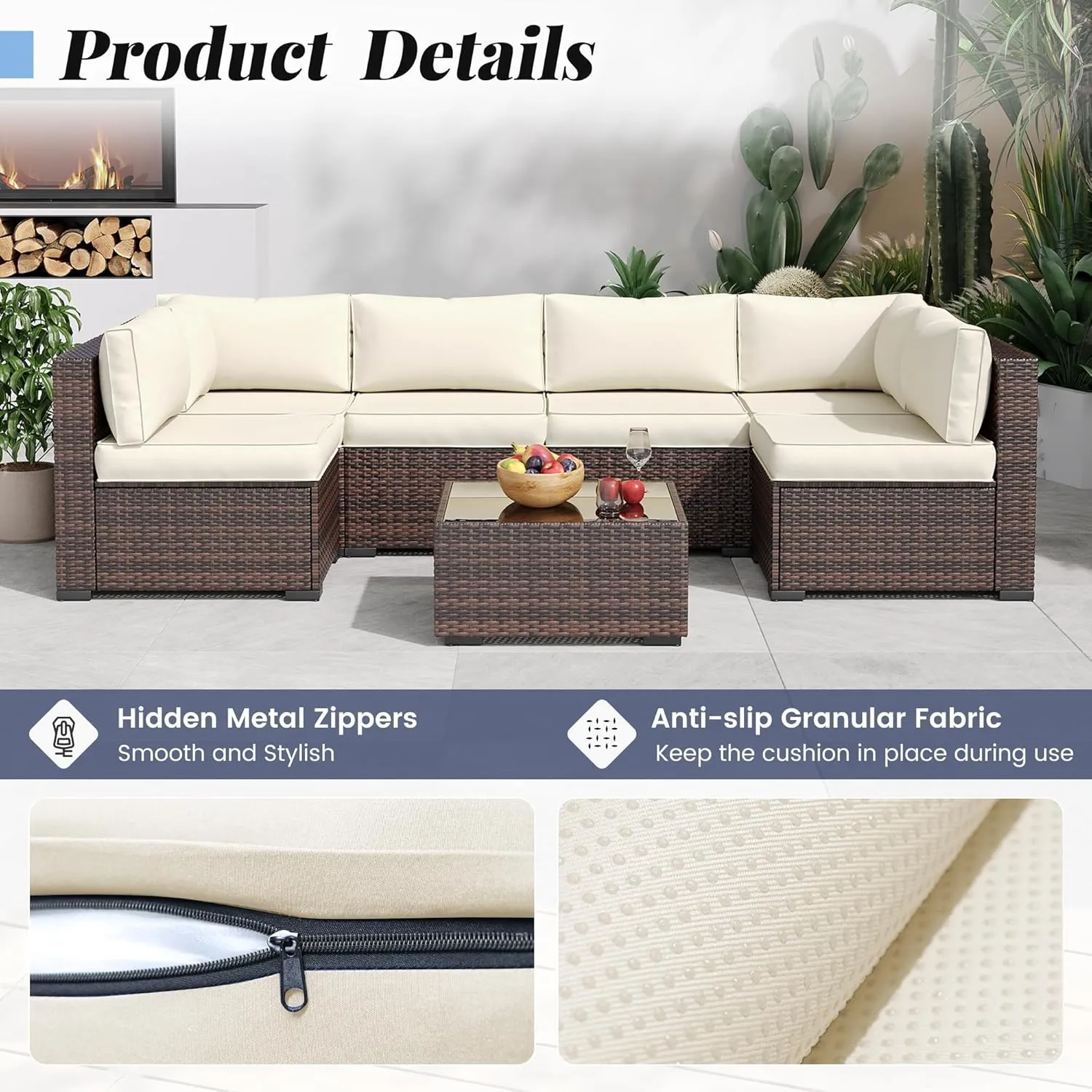 Amopatio 14-Piece Outdoor Sofa Cushions for 6-Seat Patio Sectional, Waterproof Quick-Dry Outdoor Replacement Cushions, Non-Slip Bottom All-Weather Sunproof Couch Cushion Eco Fabric, Cream