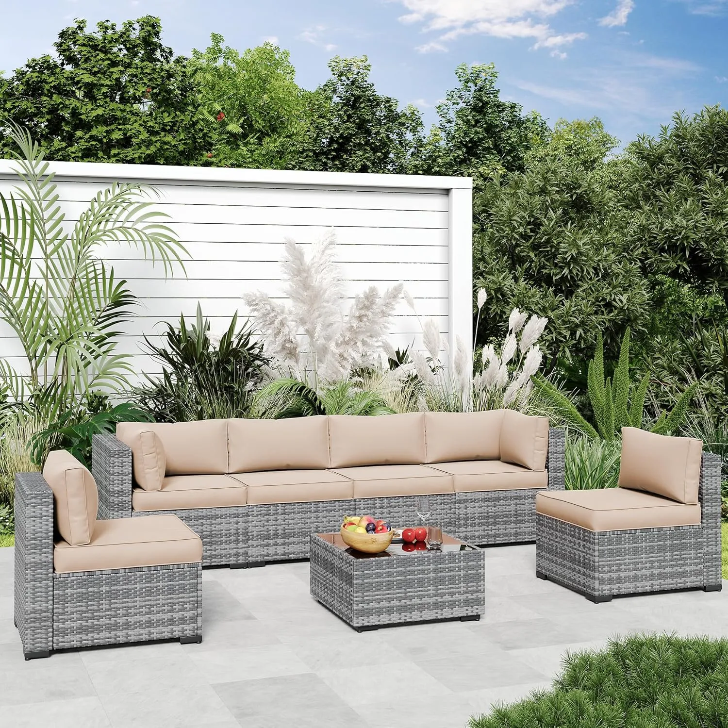 Amopatio 14-Piece Outdoor Sofa Cushions for 6-Seat Patio Sectional, Waterproof Quick-Dry Outdoor Replacement Cushions, Non-Slip Bottom Sunproof Couch Cushion Eco Fabric (Oeko-TEX Certified), Khaki