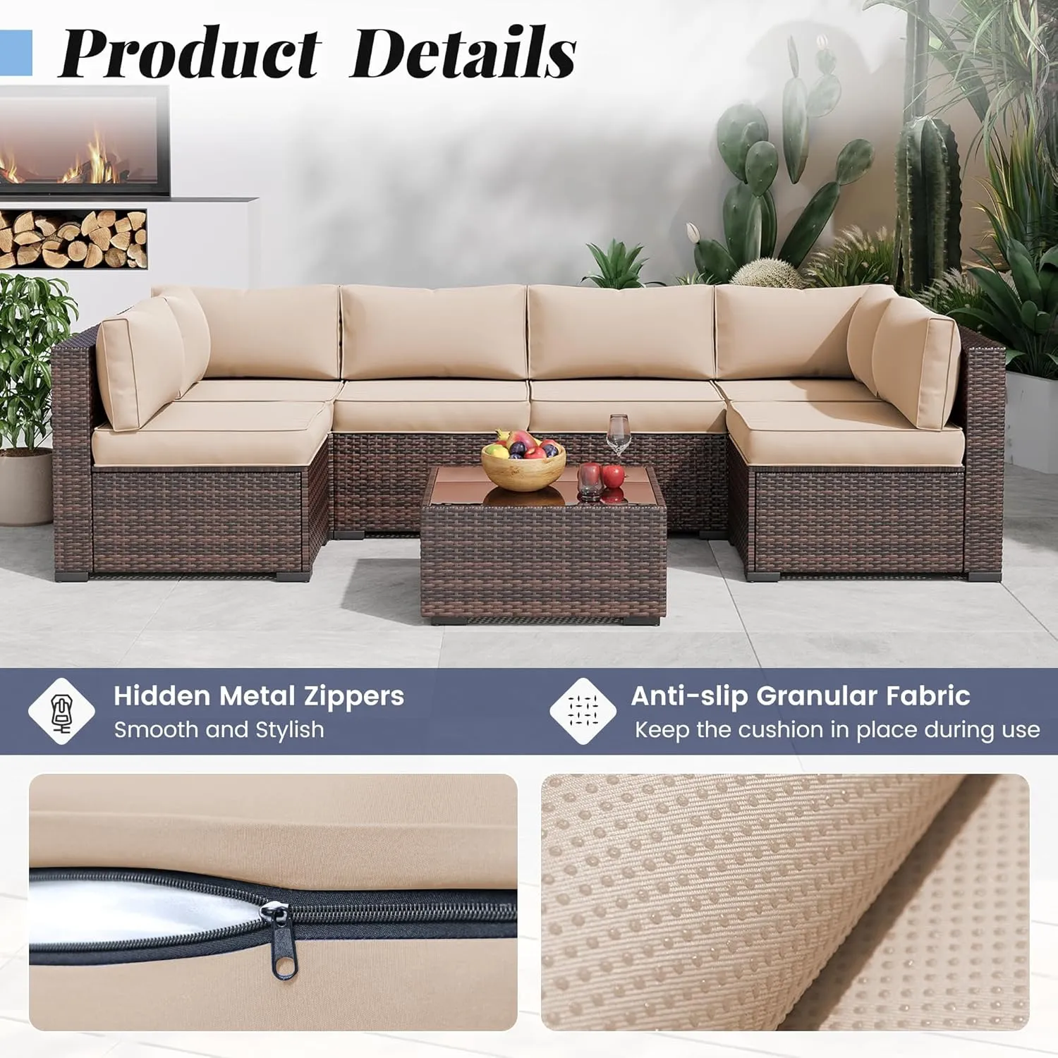 Amopatio 14-Piece Outdoor Sofa Cushions for 6-Seat Patio Sectional, Waterproof Quick-Dry Outdoor Replacement Cushions, Non-Slip Bottom Sunproof Couch Cushion Eco Fabric (Oeko-TEX Certified), Khaki