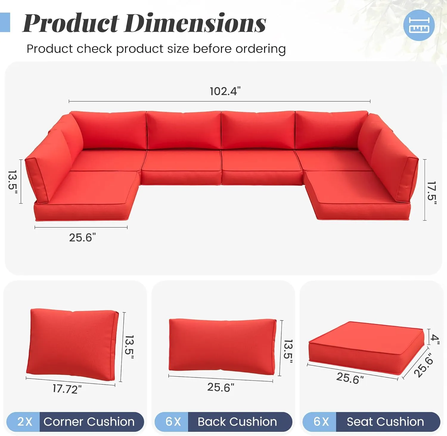 Amopatio 14-Piece Outdoor Sofa Cushions for 6-Seat Patio Sectional, Waterproof Quick-Dry Outdoor Replacement Cushions, Non-Slip Bottom Sunproof Couch Cushion Eco Fabric (Oeko-TEX Certified), Red