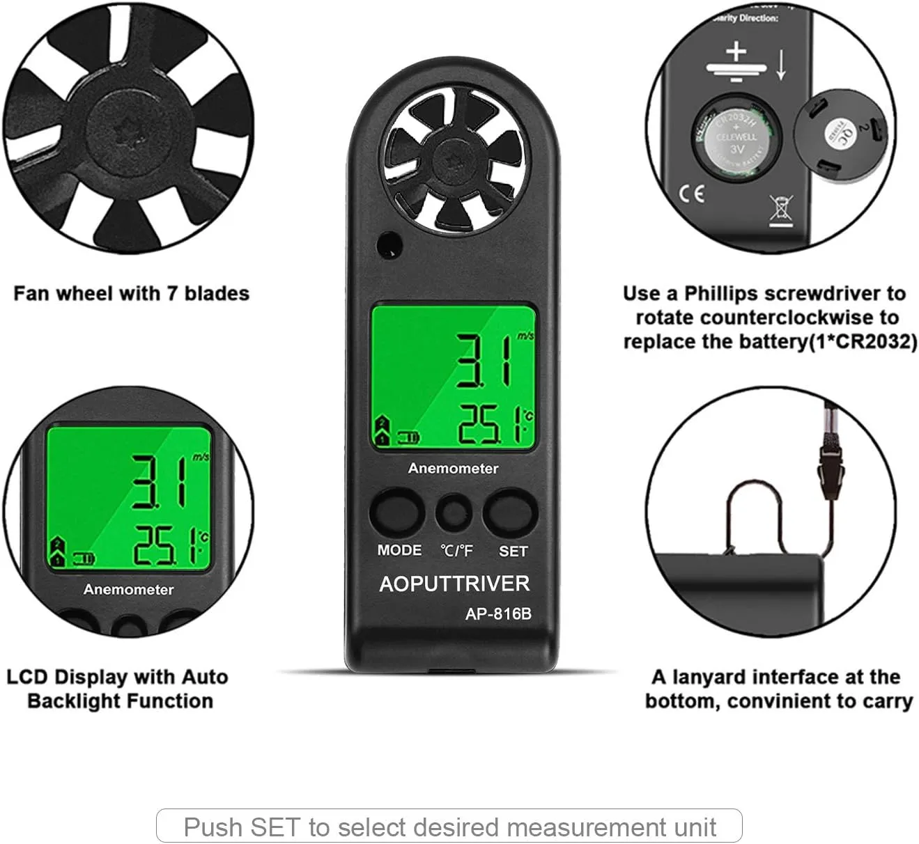 Anemometer Handheld Wind Speed Meter for Measuring Wind Speed Temperature and Max/Average/Current, High Precision Anemometer Measuring for Windsurfing Sailing Fishing Outdoor Activities