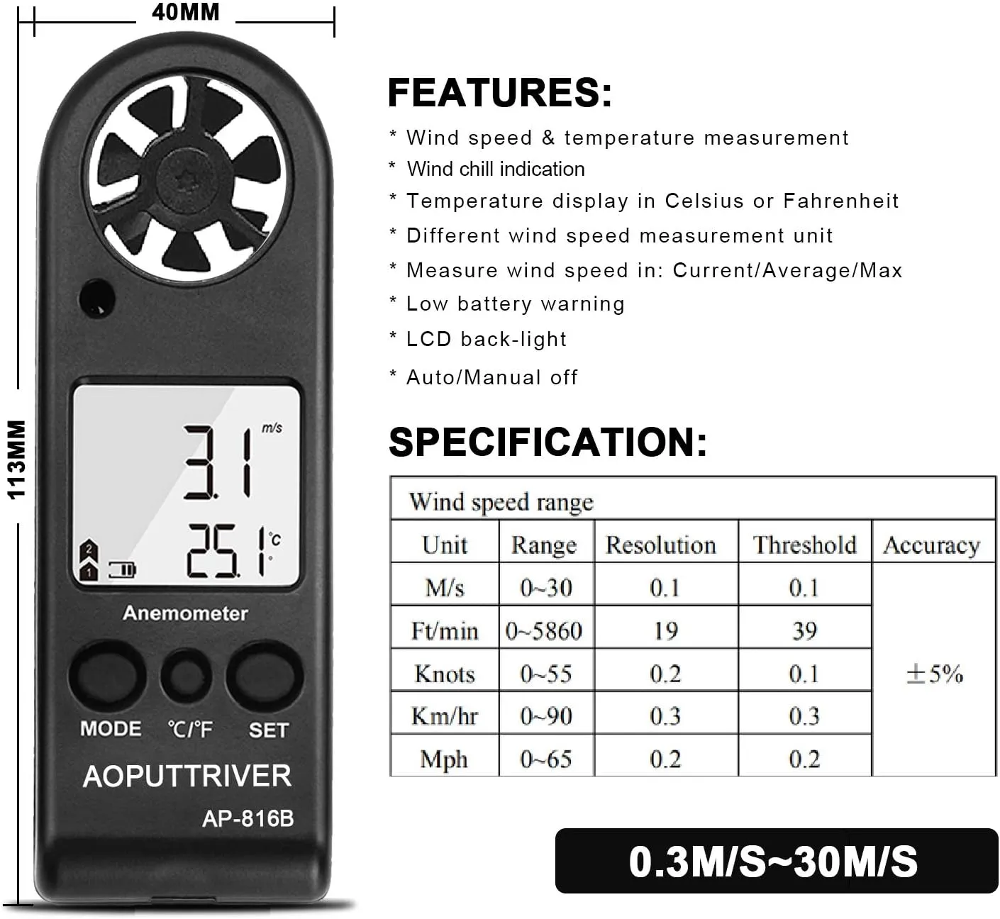 Anemometer Handheld Wind Speed Meter for Measuring Wind Speed Temperature and Max/Average/Current, High Precision Anemometer Measuring for Windsurfing Sailing Fishing Outdoor Activities