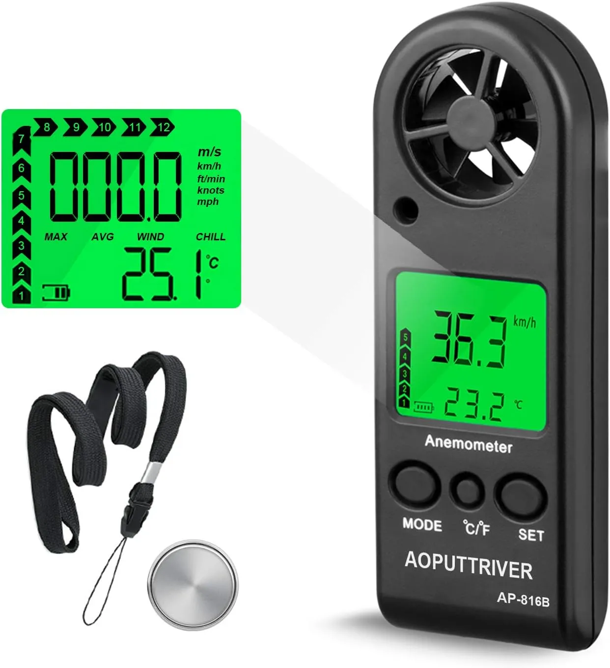 Anemometer Handheld Wind Speed Meter for Measuring Wind Speed Temperature and Max/Average/Current, High Precision Anemometer Measuring for Windsurfing Sailing Fishing Outdoor Activities