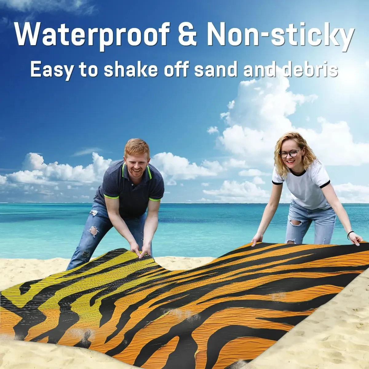 Animal Skin Beach Blanket, Sandproof Beach Mat, 68 x 59 Waterproof Quick Drying Sand Free Mat with 4 x Ground Spikes for Outdoor Travel Camping Hiking, Tiger Stripes