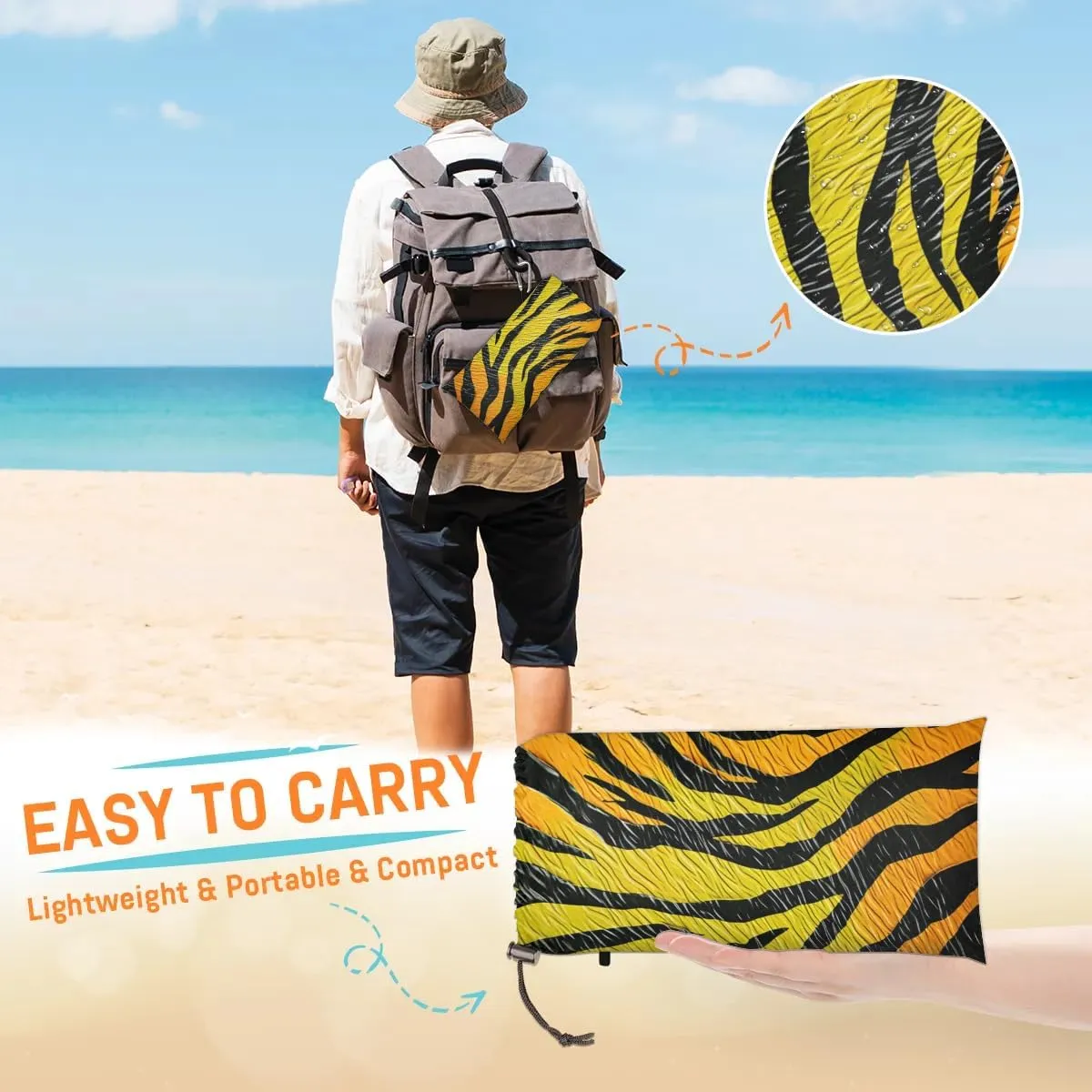 Animal Skin Beach Blanket, Sandproof Beach Mat, 68 x 59 Waterproof Quick Drying Sand Free Mat with 4 x Ground Spikes for Outdoor Travel Camping Hiking, Tiger Stripes