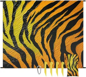 Animal Skin Beach Blanket, Sandproof Beach Mat, 68 x 59 Waterproof Quick Drying Sand Free Mat with 4 x Ground Spikes for Outdoor Travel Camping Hiking, Tiger Stripes