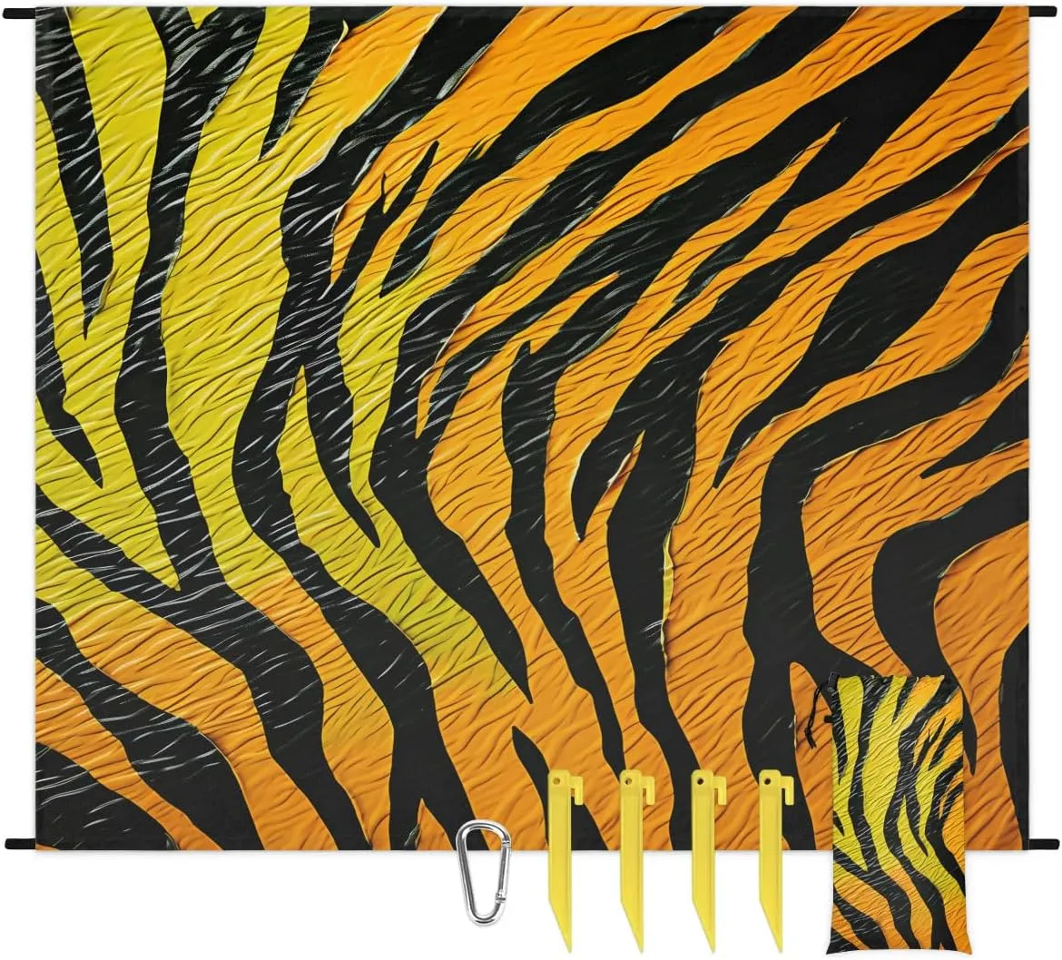 Animal Skin Beach Blanket, Sandproof Beach Mat, 68 x 59 Waterproof Quick Drying Sand Free Mat with 4 x Ground Spikes for Outdoor Travel Camping Hiking, Tiger Stripes