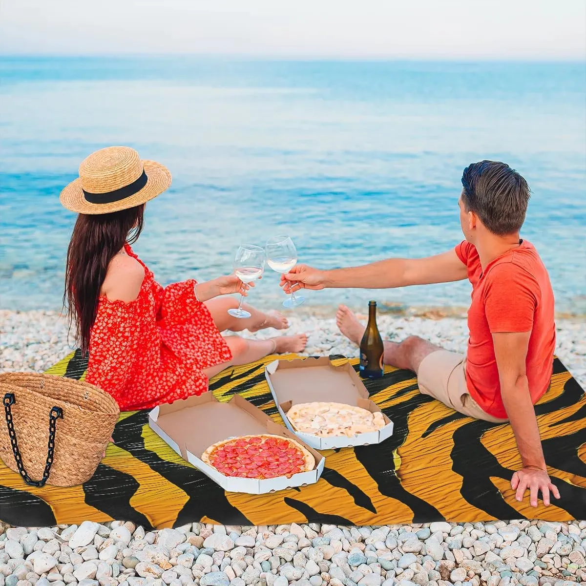 Animal Skin Beach Blanket, Sandproof Beach Mat, 68 x 59 Waterproof Quick Drying Sand Free Mat with 4 x Ground Spikes for Outdoor Travel Camping Hiking, Tiger Stripes