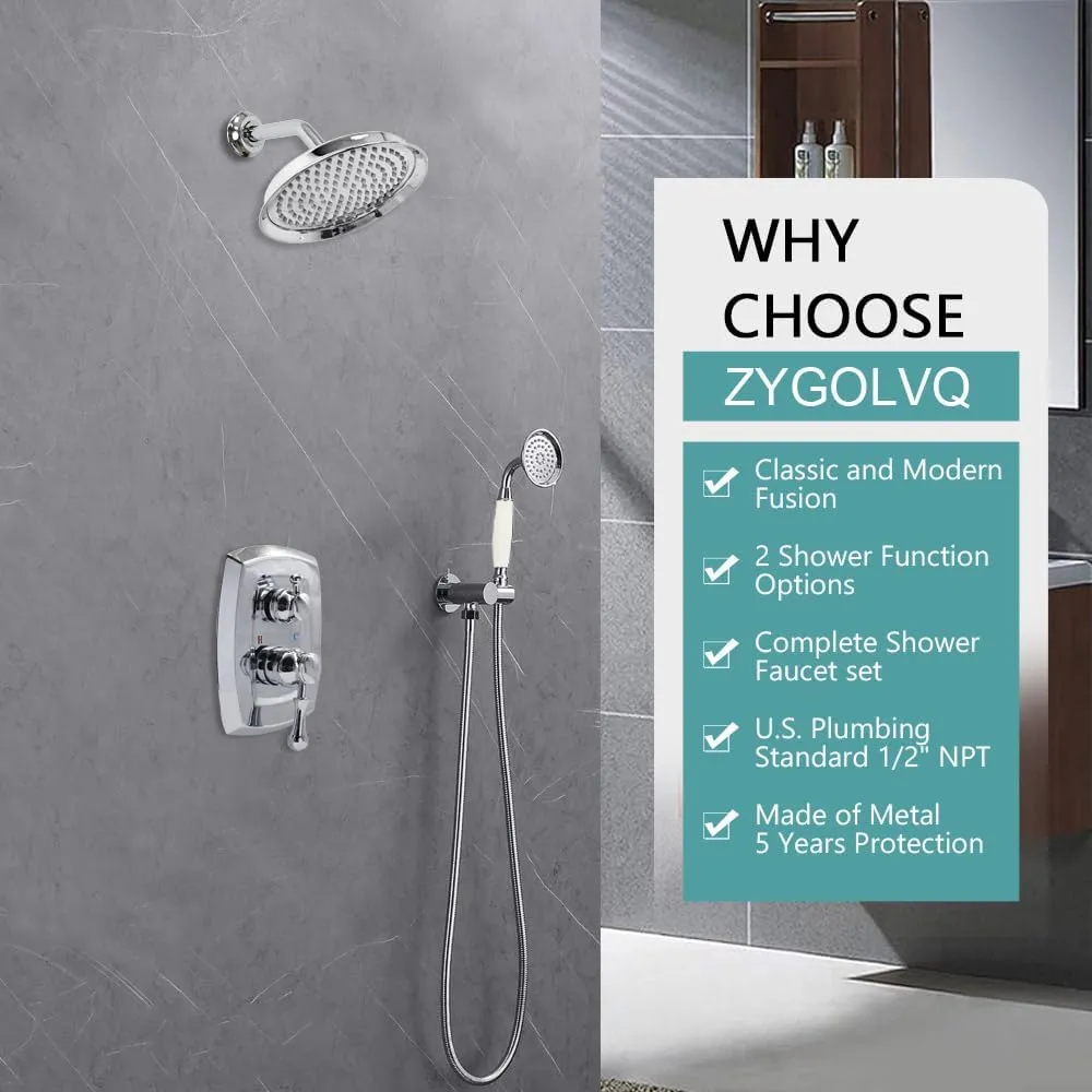 Antique Shower Faucet Sets Complete - 9 inch Vintage Rain Head with Handheld Spray, 2-Way Diverter Brass Valve and Trim Kit, Wall Mounted Rainfall Shower System, Chrome