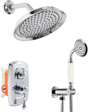 Antique Shower Faucet Sets Complete - 9 inch Vintage Rain Head with Handheld Spray, 2-Way Diverter Brass Valve and Trim Kit, Wall Mounted Rainfall Shower System, Chrome