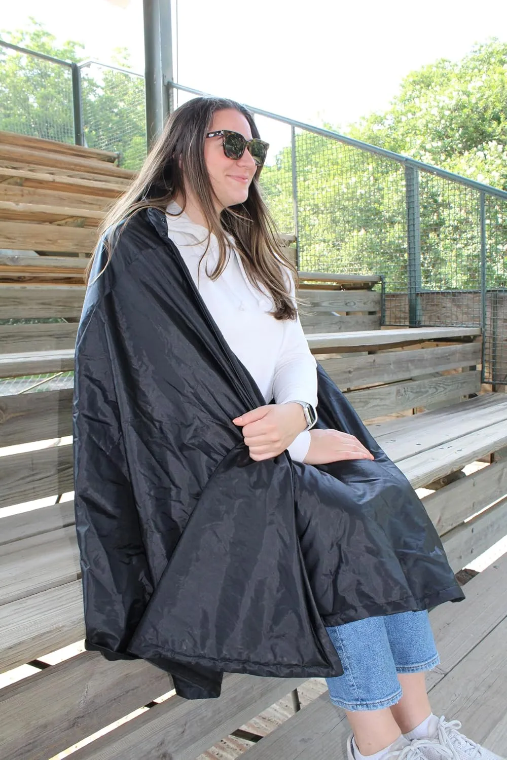 Anywear Cushion Hooded Blanket – Weather Resistant Fleece & Vinyl, Portable Seated Comfort for Camping, Stadium, Beach, and Travel – Includes Storage Bag - Black