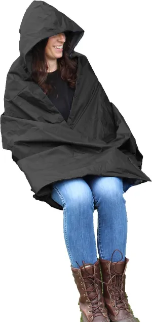 Anywear Cushion Hooded Blanket – Weather Resistant Fleece & Vinyl, Portable Seated Comfort for Camping, Stadium, Beach, and Travel – Includes Storage Bag - Black