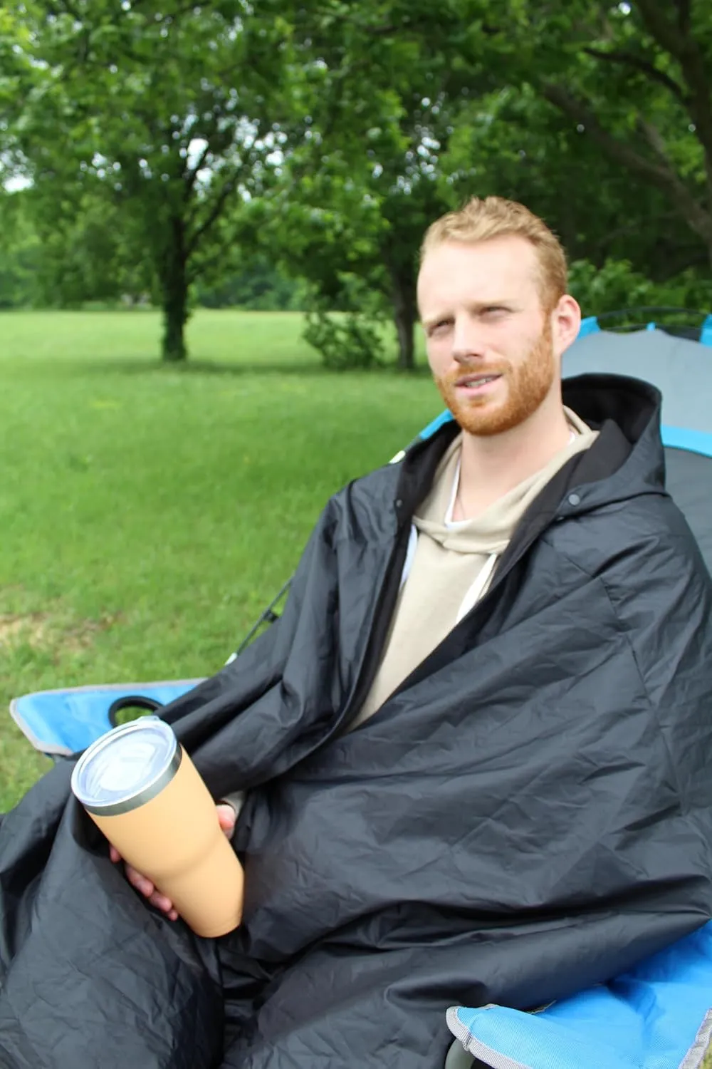 Anywear Cushion Hooded Blanket – Weather Resistant Fleece & Vinyl, Portable Seated Comfort for Camping, Stadium, Beach, and Travel – Includes Storage Bag - Black