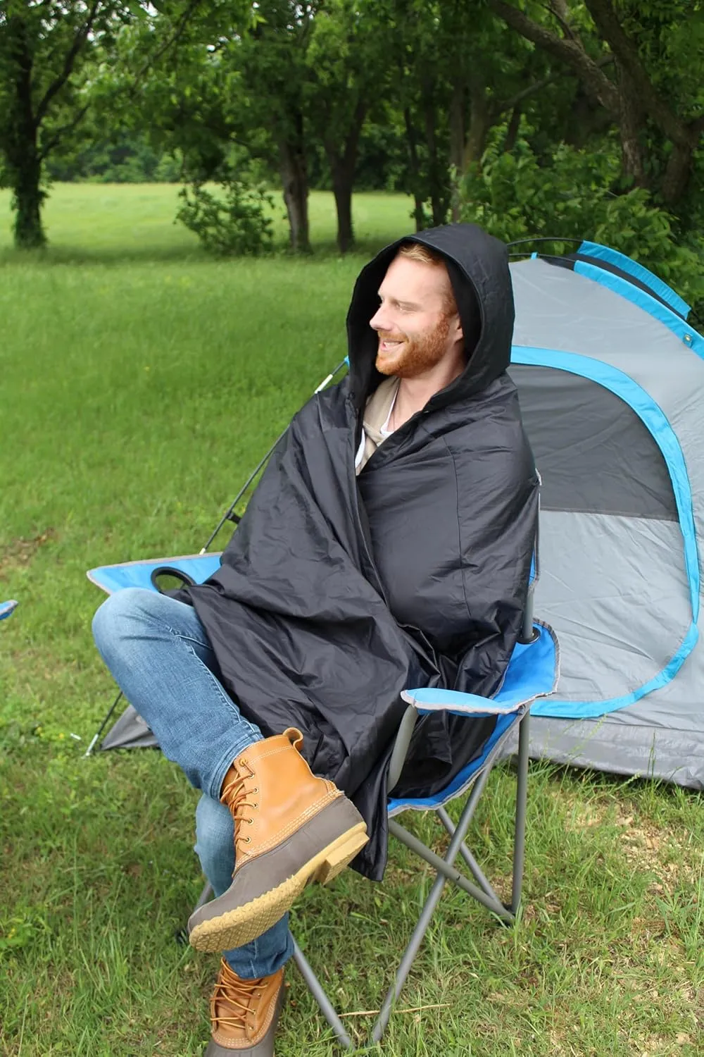 Anywear Cushion Hooded Blanket – Weather Resistant Fleece & Vinyl, Portable Seated Comfort for Camping, Stadium, Beach, and Travel – Includes Storage Bag - Black
