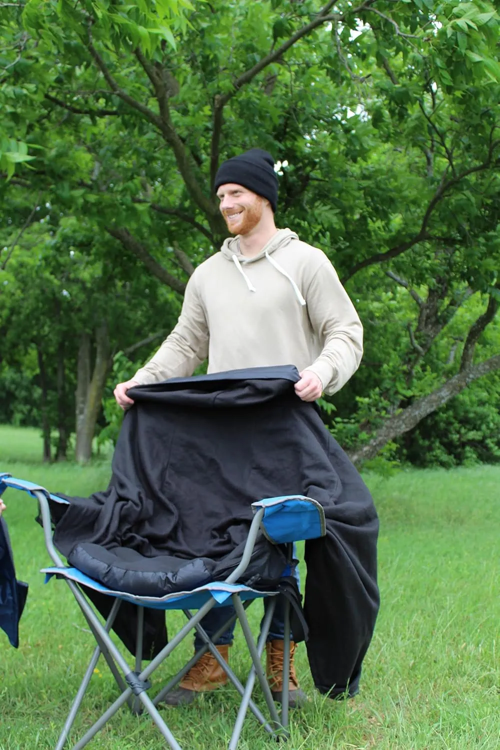 Anywear Cushion Hooded Blanket – Weather Resistant Fleece & Vinyl, Portable Seated Comfort for Camping, Stadium, Beach, and Travel – Includes Storage Bag - Black