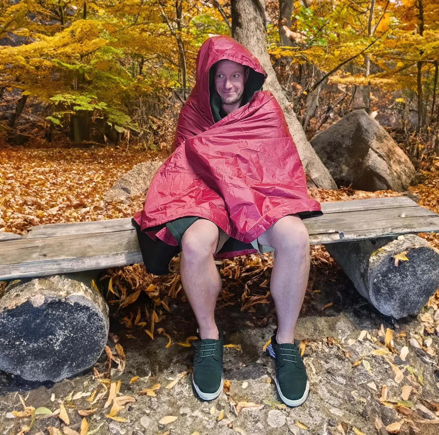 Anywear Cushion Hooded Blanket – Weather Resistant Fleece & Vinyl, Portable Seated Comfort for Camping, Stadium, Beach, and Travel – Includes Storage Bag - Crimson