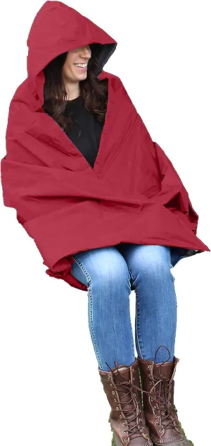 Anywear Cushion Hooded Blanket – Weather Resistant Fleece & Vinyl, Portable Seated Comfort for Camping, Stadium, Beach, and Travel – Includes Storage Bag - Crimson