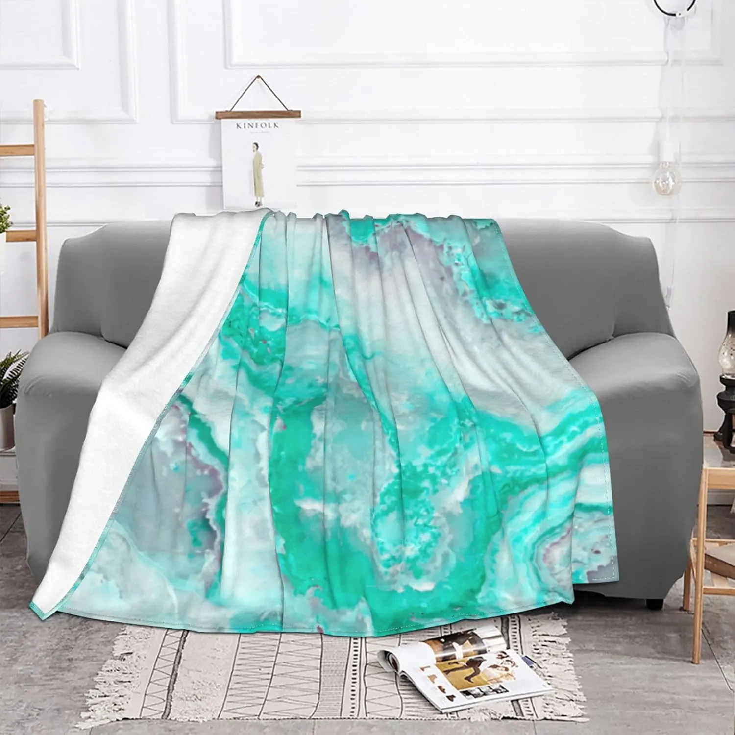 Aqua White Gemstone Agate Mineral Quartz 60"X50" Flannel Blanket - 100% Soft Polyester, Lightweight and Warm, Suitable for Families, Camping, Travel