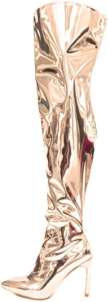 Arqa Women's Metallic Over The Knee High Boots Pointed Toe Stiletto High Heel Thigh High Boot Side Zipper Sexy Party Boot