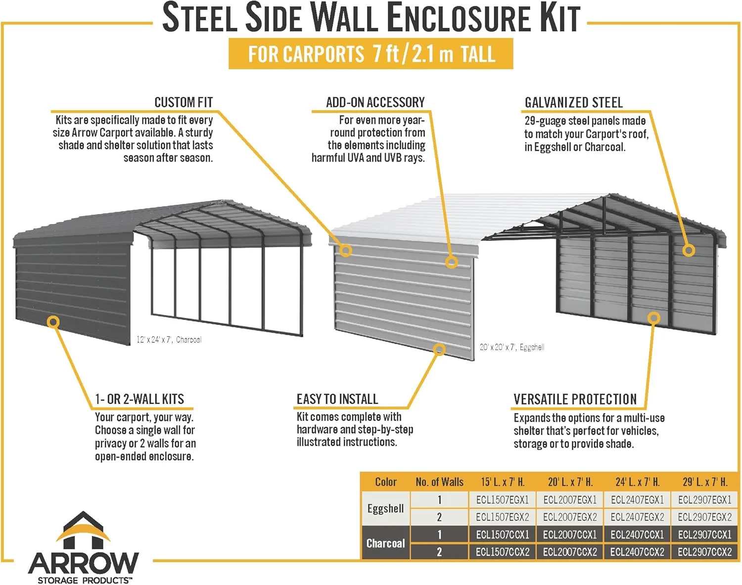 Arrow Carports Galvanized Steel Carport, with 1-Sided Enclosure, Compact Car Metal Carport Kit, 10' x 15' x 7', Charcoal