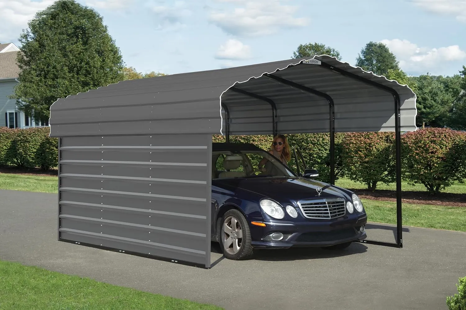 Arrow Carports Galvanized Steel Carport, with 1-Sided Enclosure, Compact Car Metal Carport Kit, 10' x 15' x 7', Charcoal