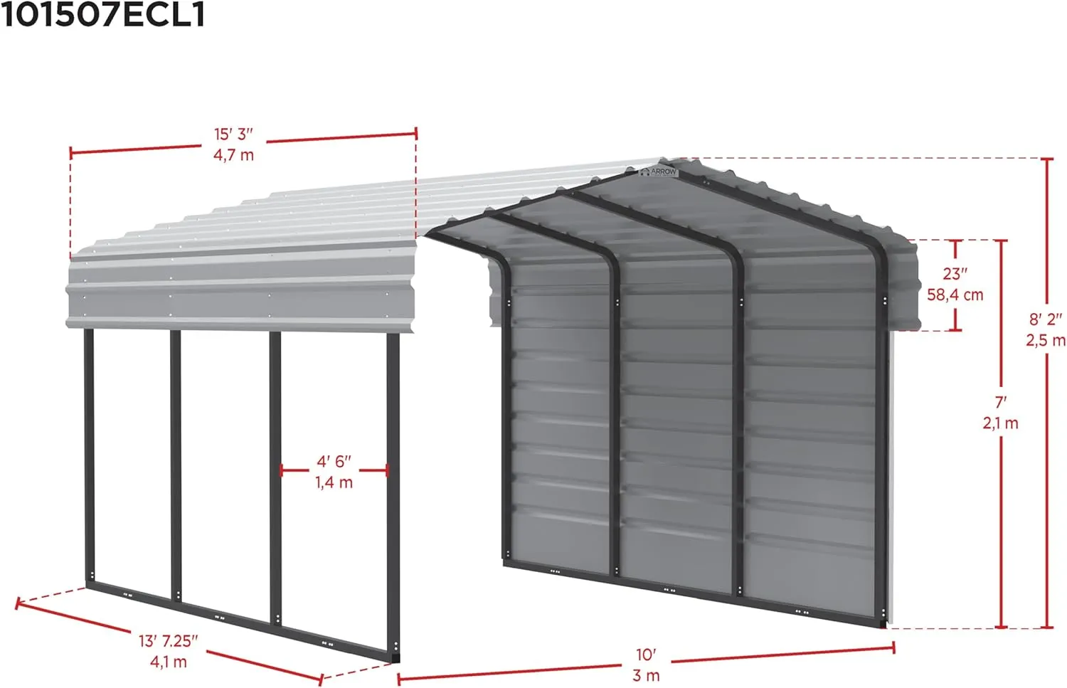 Arrow Carports Galvanized Steel Carport, with 1-Sided Enclosure, Compact Car Metal Carport Kit, 10' x 15' x 7', Charcoal