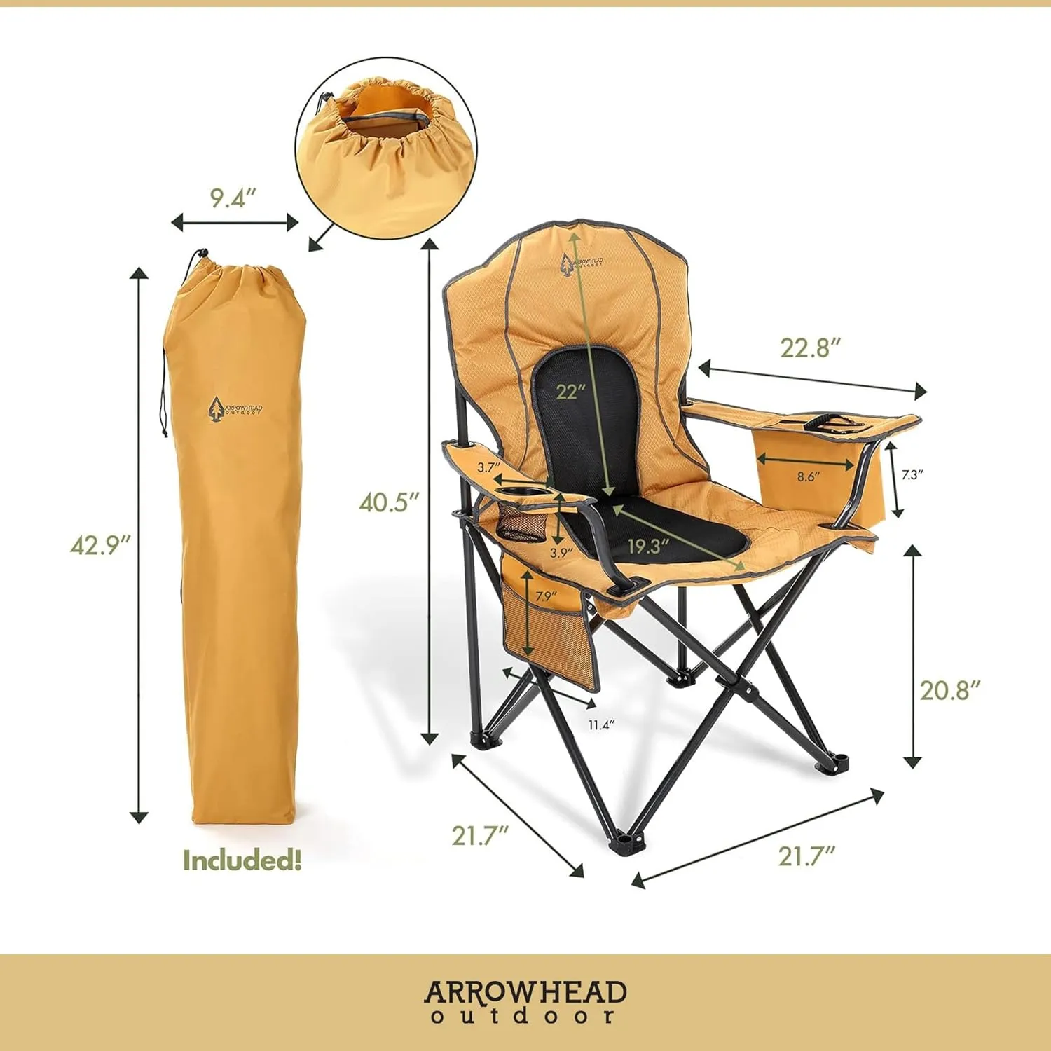 ARROWHEAD OUTDOOR Portable Folding Camping Quad Chair w/ 4-Can Cooler, Cup-Holder, Heavy-Duty Carrying Bag w/Easy Carry Shoulder Strap, Padded Armrests, Supports up to 330lbs, USA-Based Support