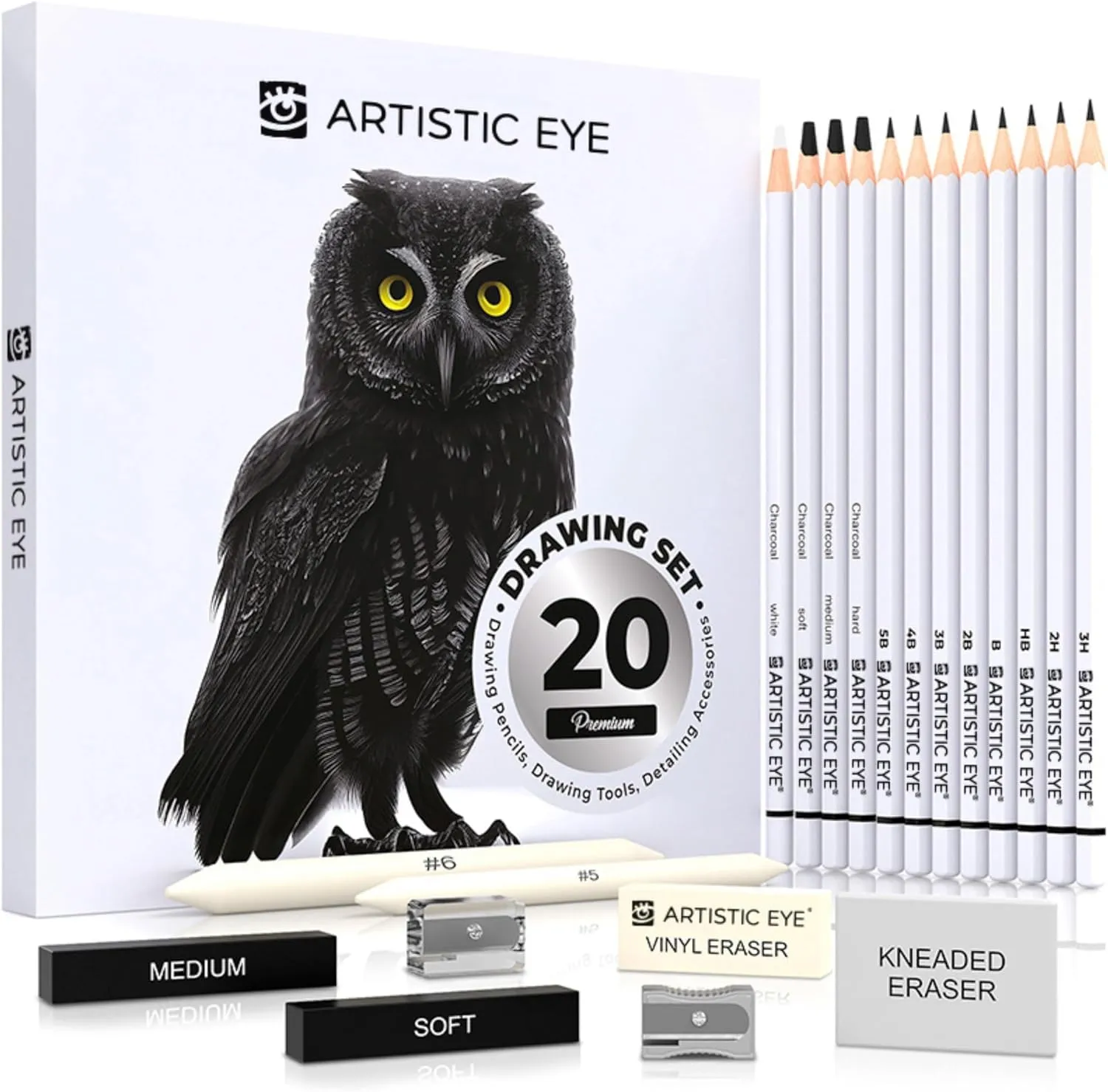 ARTISTIC EYE Drawing and Sketching Pencil Art Set (20 Items): Complete Kit with Graphite Pencils, Charcoal Pencils, Sticks, Blending Stumps, Erasers, and Sharpeners