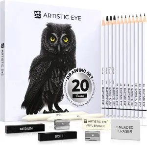 ARTISTIC EYE Drawing and Sketching Pencil Art Set (20 Items): Complete Kit with Graphite Pencils, Charcoal Pencils, Sticks, Blending Stumps, Erasers, and Sharpeners