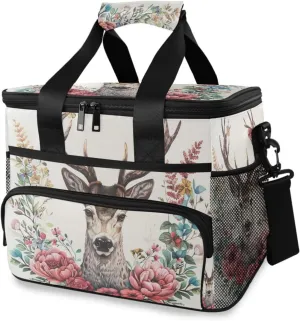 Artwork Deer Flowers Cooler Bag Insulated Cooler Soft Sided Cooler 24 Can Portable Picnic Bag Large Leakproof Lunch Bag Box for Beach Grocery Camping Travel Car Men Women