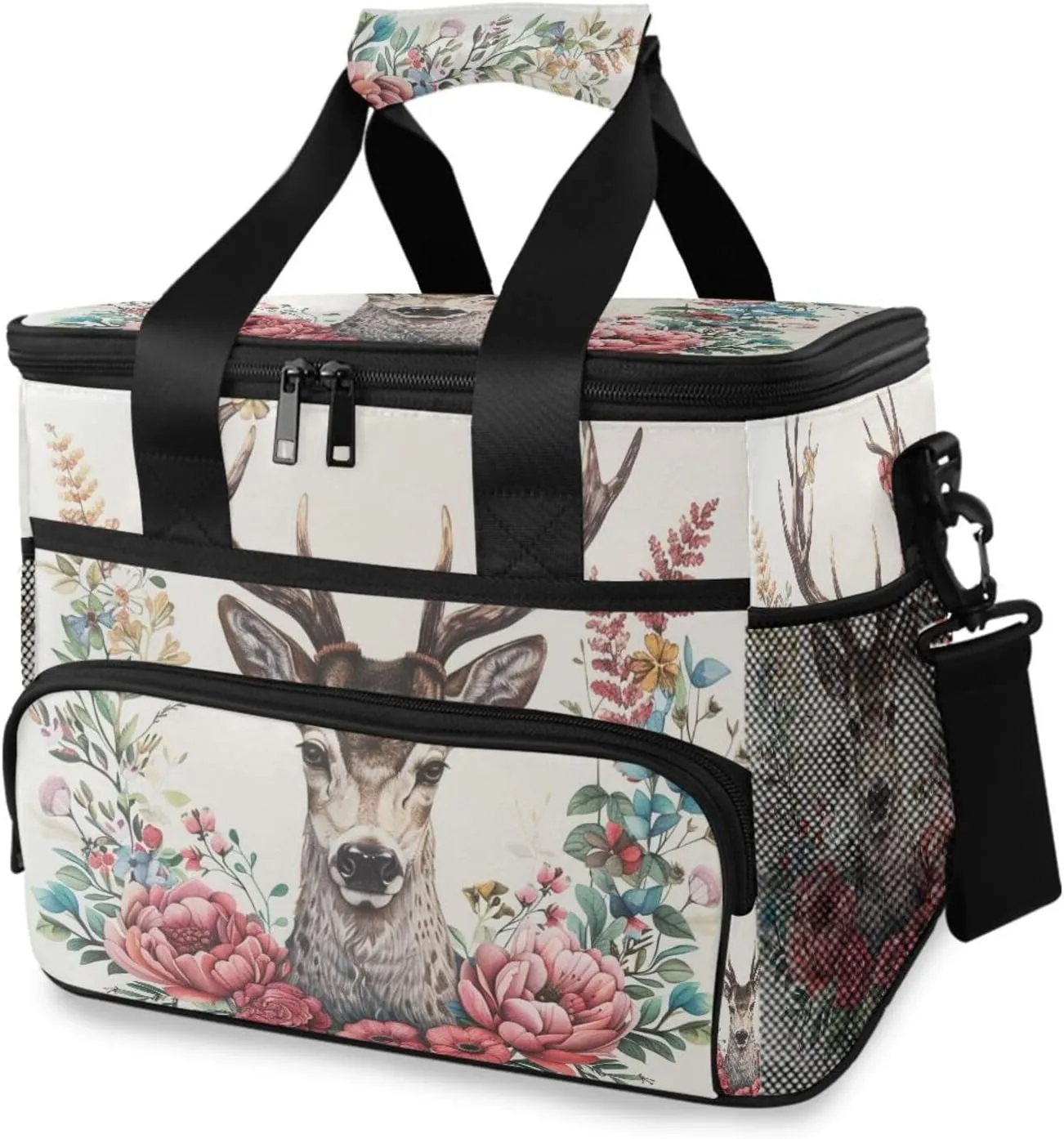 Artwork Deer Flowers Cooler Bag Insulated Cooler Soft Sided Cooler 24 Can Portable Picnic Bag Large Leakproof Lunch Bag Box for Beach Grocery Camping Travel Car Men Women