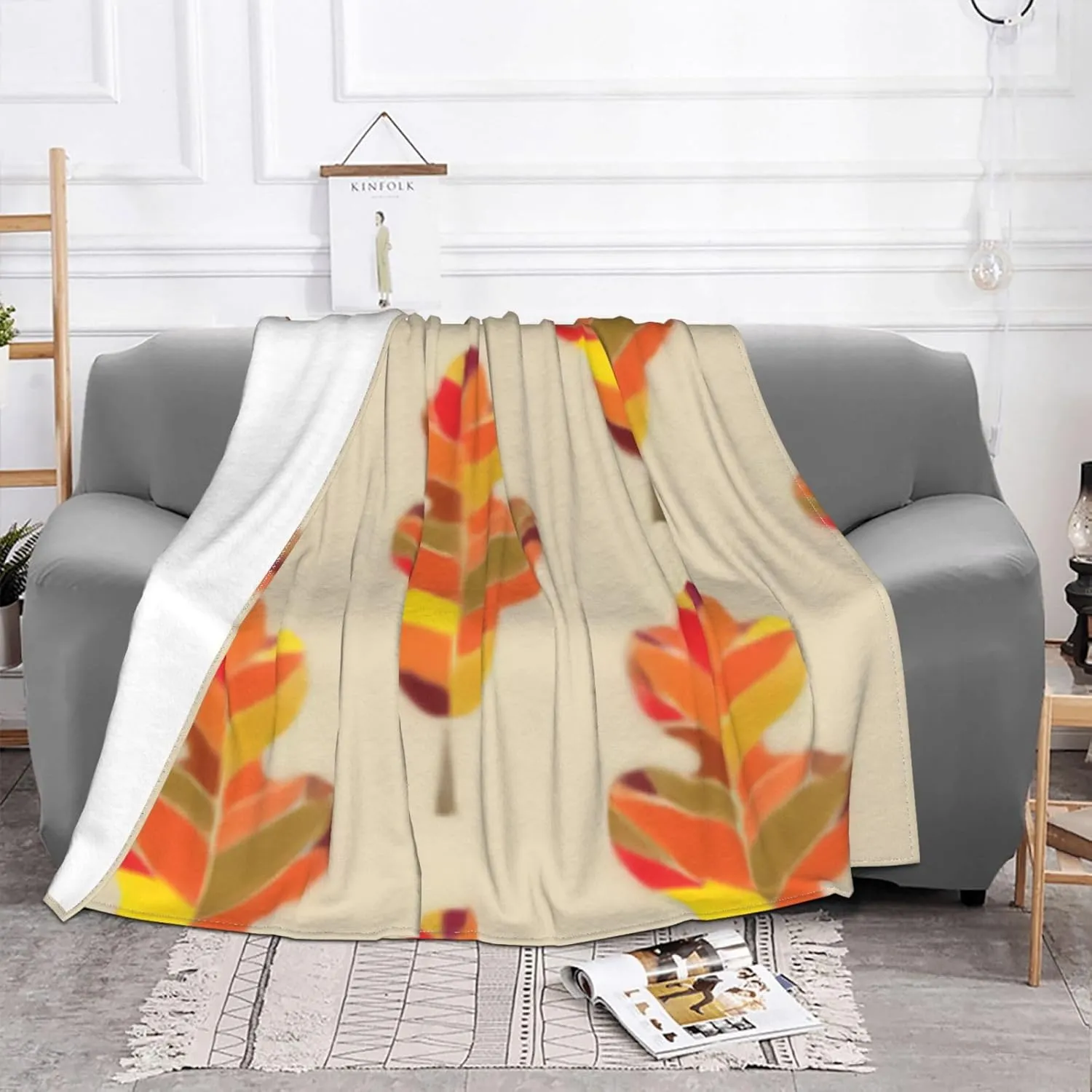 Autumn Leaves in Fall Colors Graphic Motif 60"X50" Flannel Blanket - 100% Soft Polyester, Lightweight and Warm, Suitable for Families, Camping, Travel