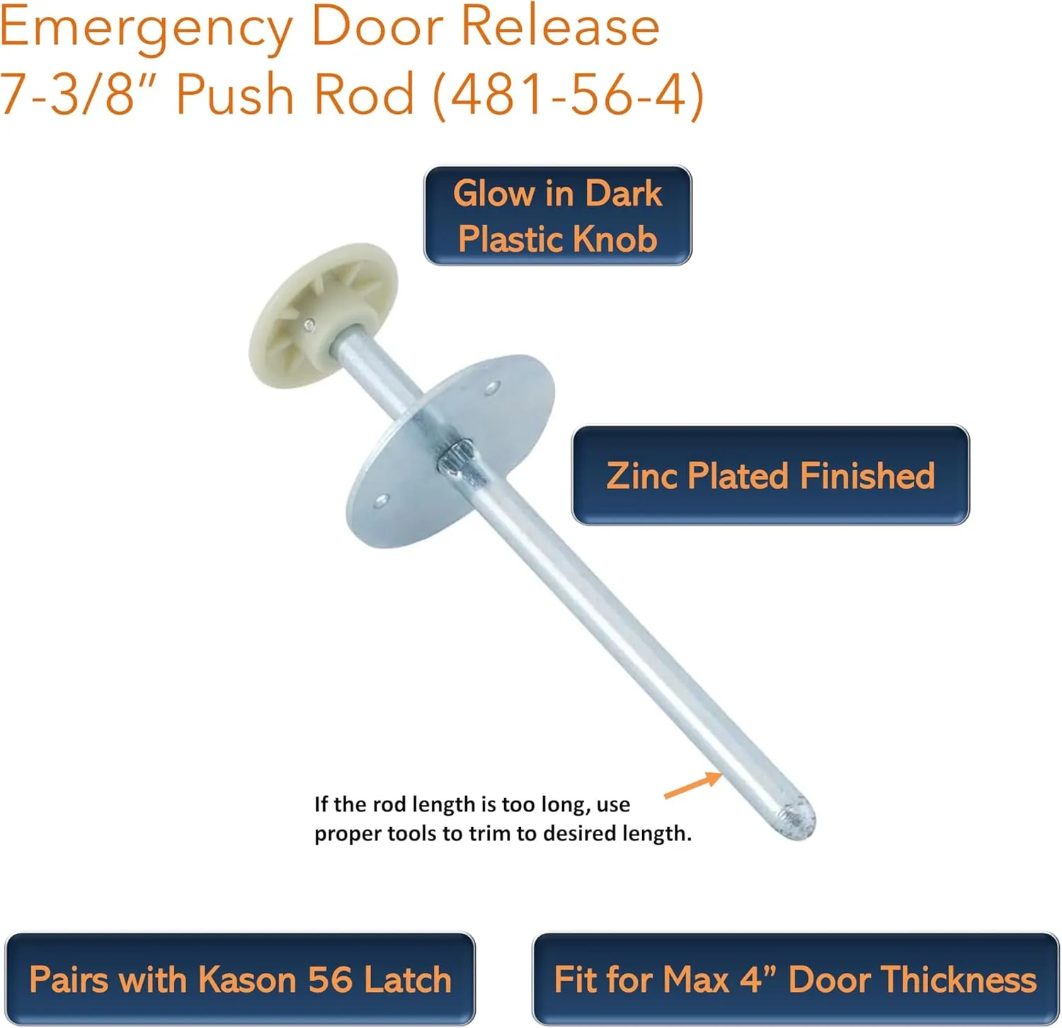 Awoco Kason 481 Inside Release Handle, Glow in Dark, Push Rod for 4" Thick Door of Walk-in Coolers and Freezers, Overall 7-3/8" (Steel 56 Short)