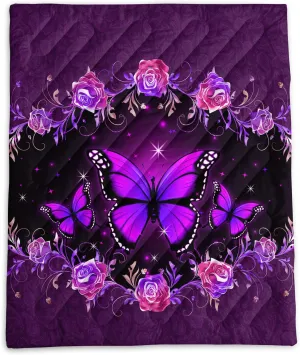 Axolotl Purple Butterfly Camping Blanket,Roses Floral Lightweight Puffy Camping Blanket,Glitter Starry Portable Outdoor Blanket,Magical Waterproof Blanket for Cold Days Plane Picnic Beach Backpacking