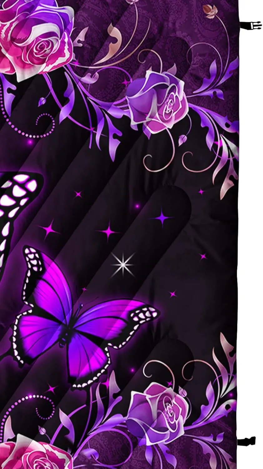 Axolotl Purple Butterfly Camping Blanket,Roses Floral Lightweight Puffy Camping Blanket,Glitter Starry Portable Outdoor Blanket,Magical Waterproof Blanket for Cold Days Plane Picnic Beach Backpacking
