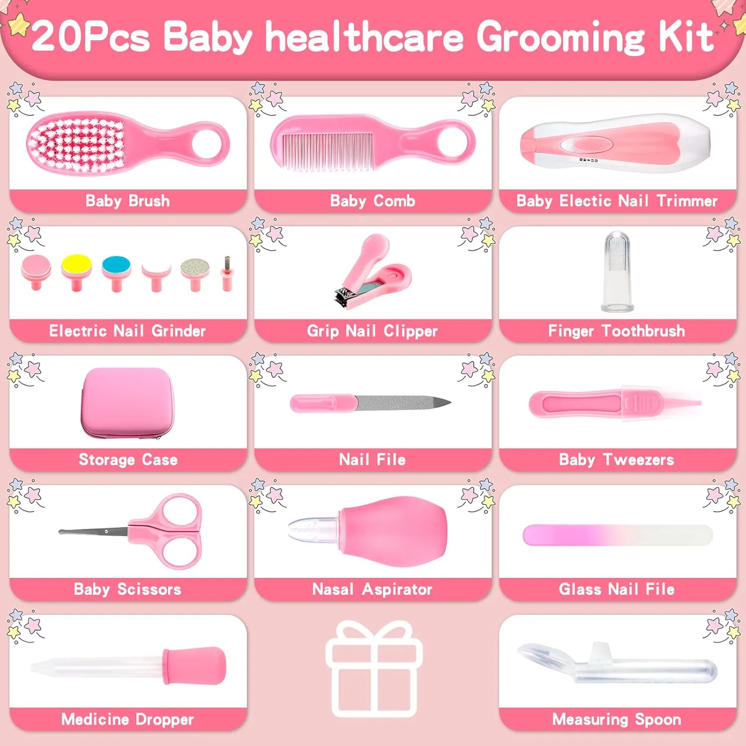 Baby Grooming Kit, Infant Safety Care Set with Hair Brush Comb Nail Clipper Nasal Aspirator,Baby Essentials Kit for Newborn Girls Boys (Pink 20 in 1)