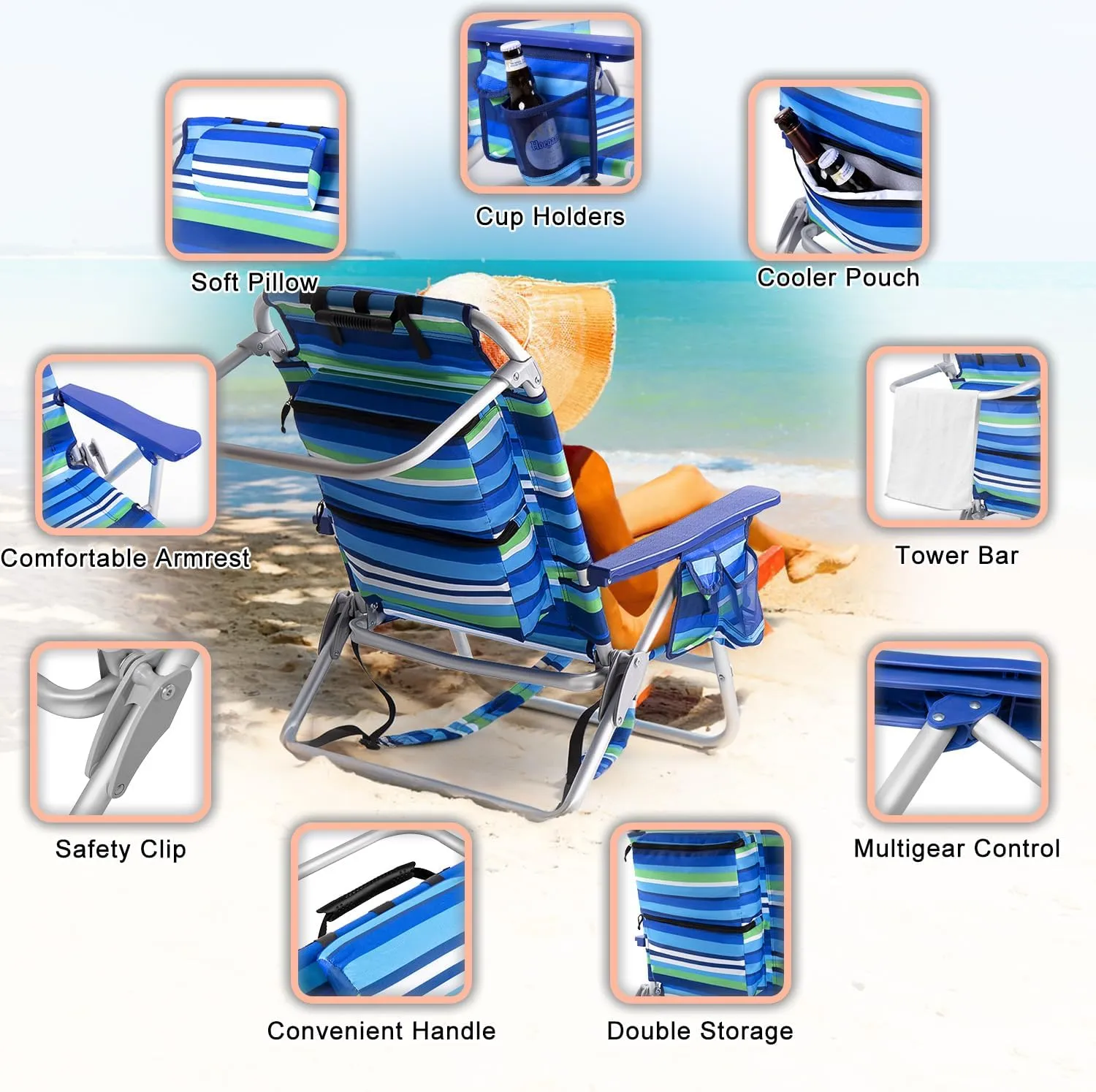 Backpack Beach Chairs for Adults - Folding Heavy Duty Camping Chair with Storage Pouch, Cup Holder & Towel Rack, Adjustable Lounge Chair for Outdoor,Travel (2packs /Stripes_Blue&Green)