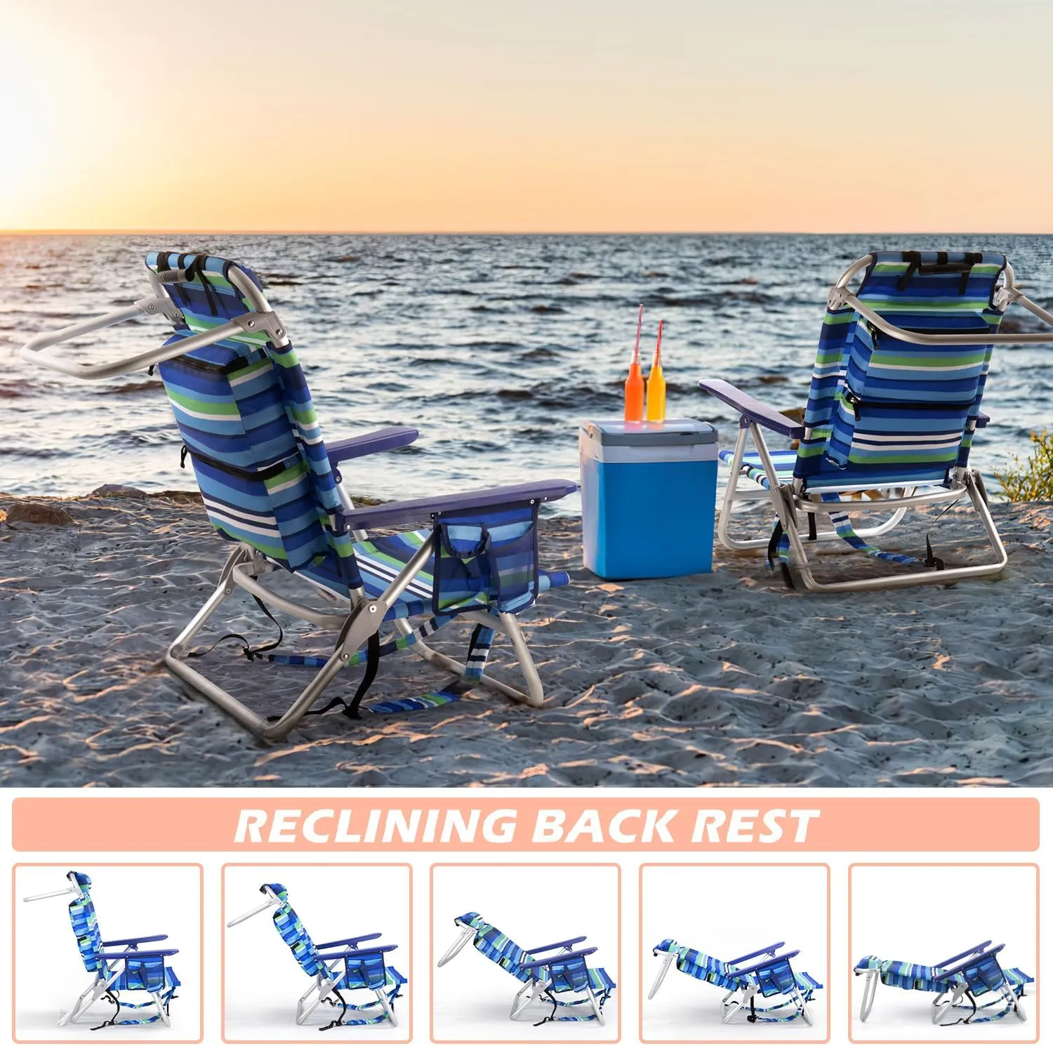 Backpack Beach Chairs for Adults - Folding Heavy Duty Camping Chair with Storage Pouch, Cup Holder & Towel Rack, Adjustable Lounge Chair for Outdoor,Travel (2packs /Stripes_Blue&Green)