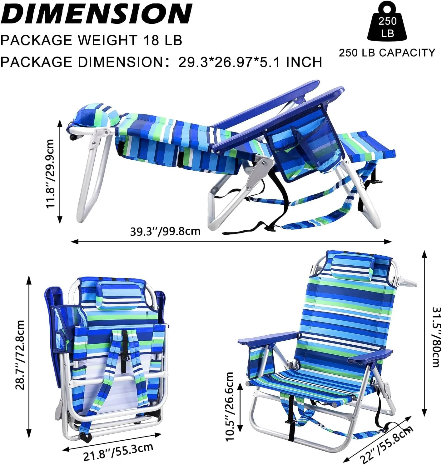 Backpack Beach Chairs for Adults - Folding Heavy Duty Camping Chair with Storage Pouch, Cup Holder & Towel Rack, Adjustable Lounge Chair for Outdoor,Travel (2packs /Stripes_Blue&Green)