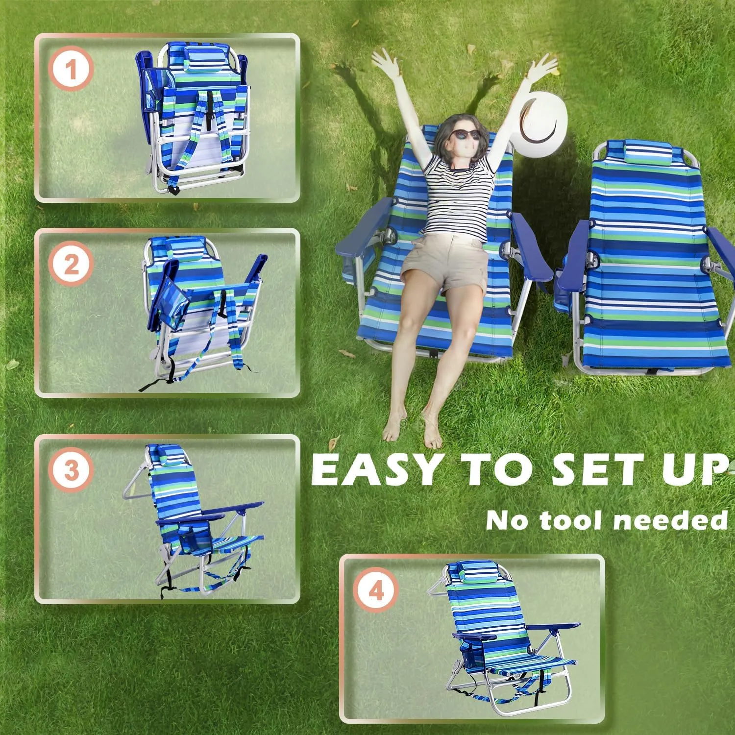 Backpack Beach Chairs for Adults - Folding Heavy Duty Camping Chair with Storage Pouch, Cup Holder & Towel Rack, Adjustable Lounge Chair for Outdoor,Travel (2packs /Stripes_Blue&Green)