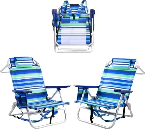 Backpack Beach Chairs for Adults - Folding Heavy Duty Camping Chair with Storage Pouch, Cup Holder & Towel Rack, Adjustable Lounge Chair for Outdoor,Travel (2packs /Stripes_Blue&Green)