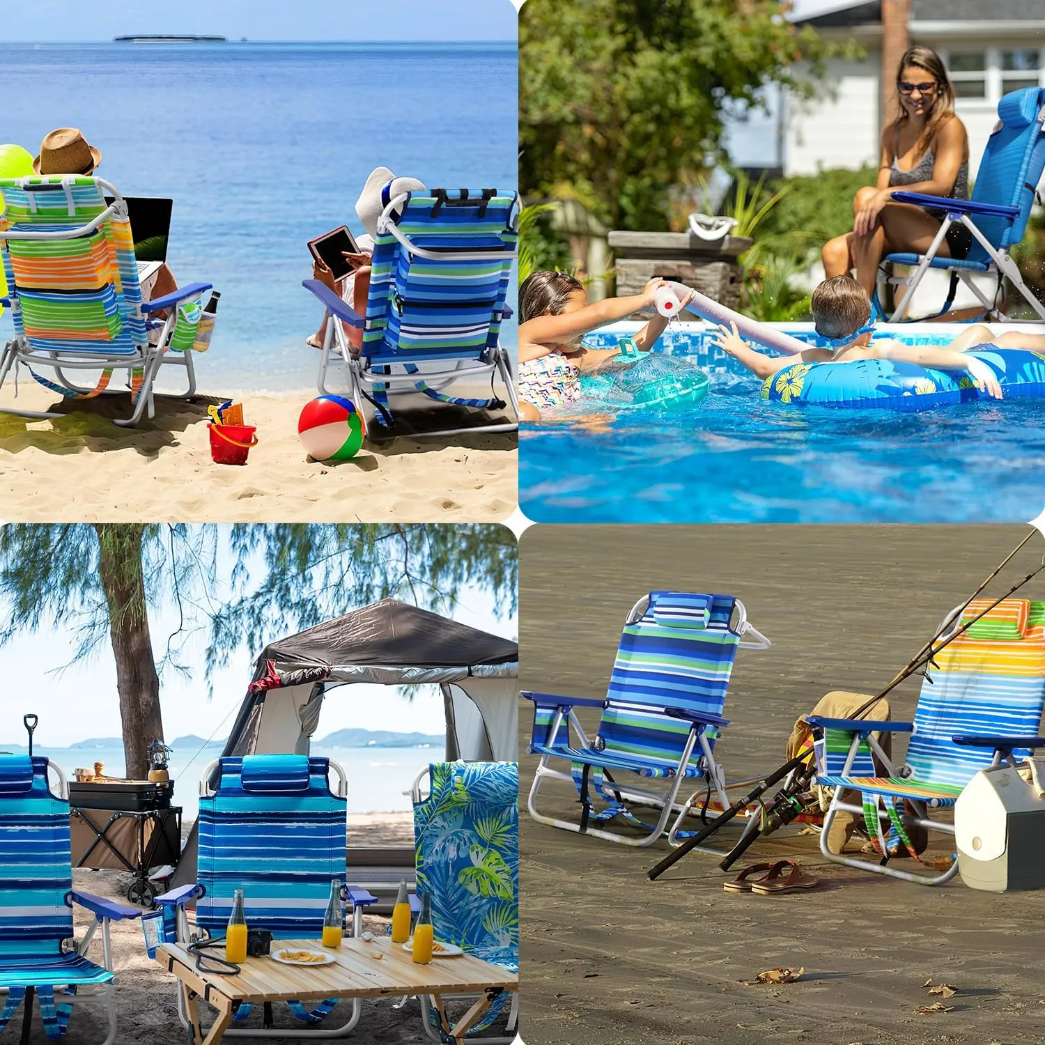 Backpack Beach Chairs for Adults - Folding Heavy Duty Camping Chair with Storage Pouch, Cup Holder & Towel Rack, Adjustable Lounge Chair for Outdoor,Travel (2packs /Stripes_Blue&Green)