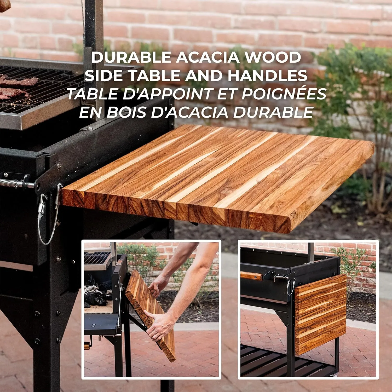 Backyard Discovery Argentine Santa Maria Wood Fire & Charcoal BBQ Grill with Brasero, Adjustable Grill Grates, Fire Bricks, Heavy-Duty Steel, S-Hooks, Acacia Wood Table for Outdoor Gaucho Grilling