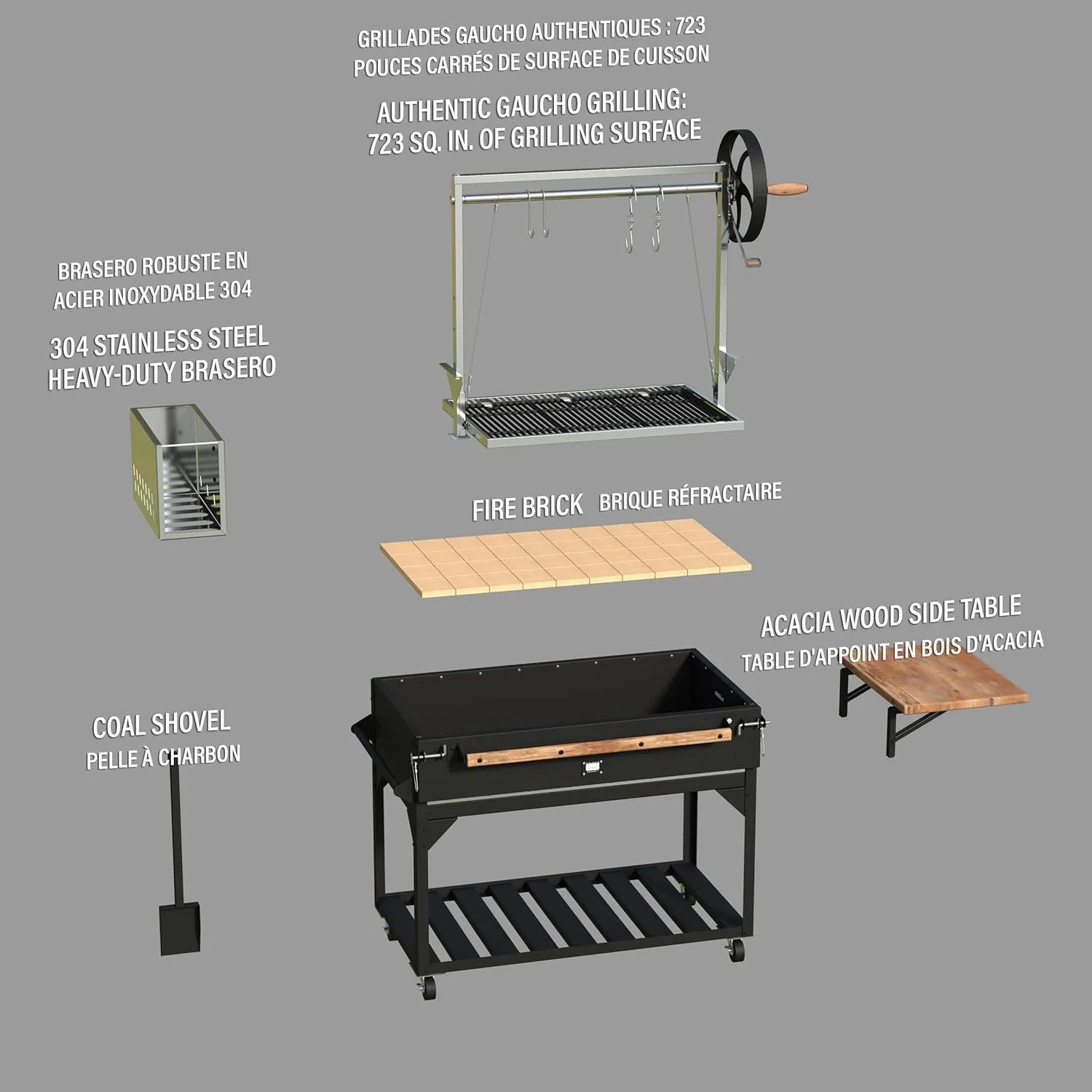 Backyard Discovery Argentine Santa Maria Wood Fire & Charcoal BBQ Grill with Brasero, Adjustable Grill Grates, Fire Bricks, Heavy-Duty Steel, S-Hooks, Acacia Wood Table for Outdoor Gaucho Grilling