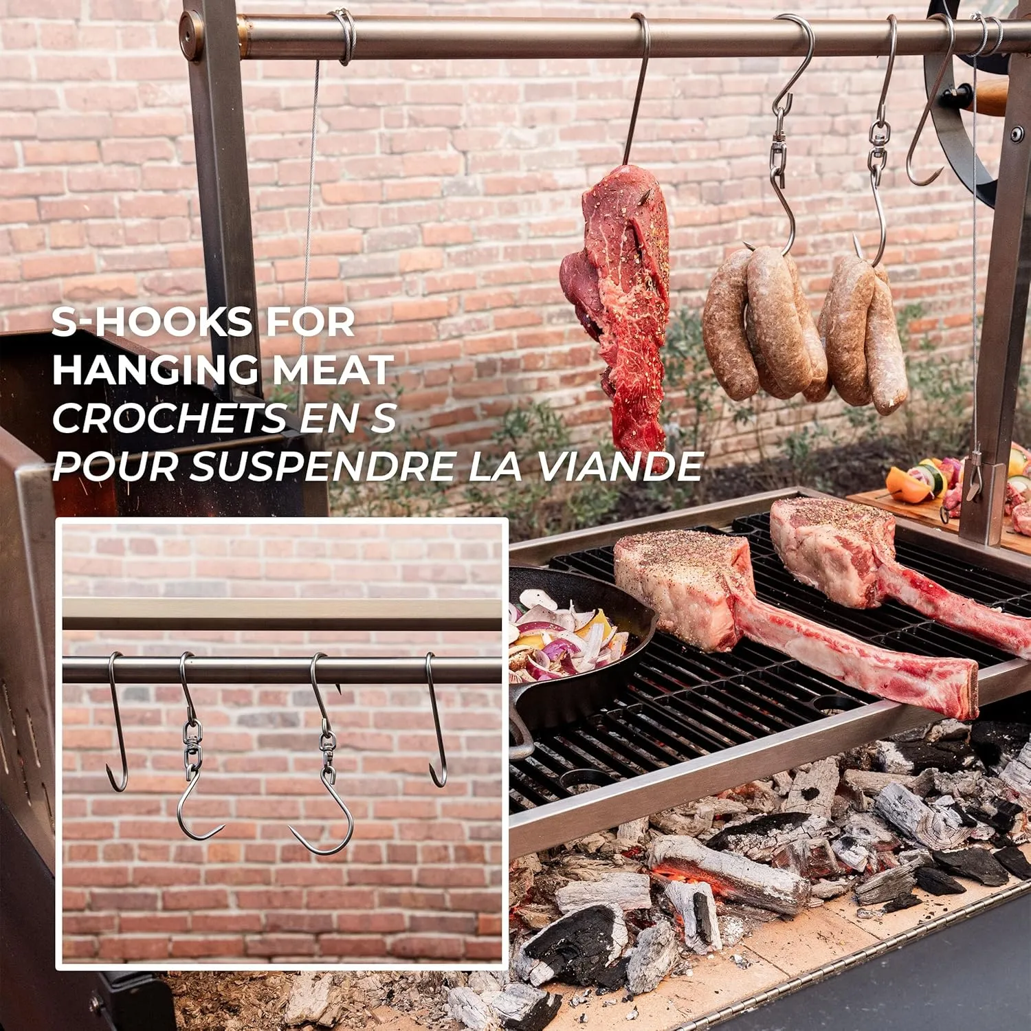Backyard Discovery Argentine Santa Maria Wood Fire & Charcoal BBQ Grill with Brasero, Adjustable Grill Grates, Fire Bricks, Heavy-Duty Steel, S-Hooks, Acacia Wood Table for Outdoor Gaucho Grilling