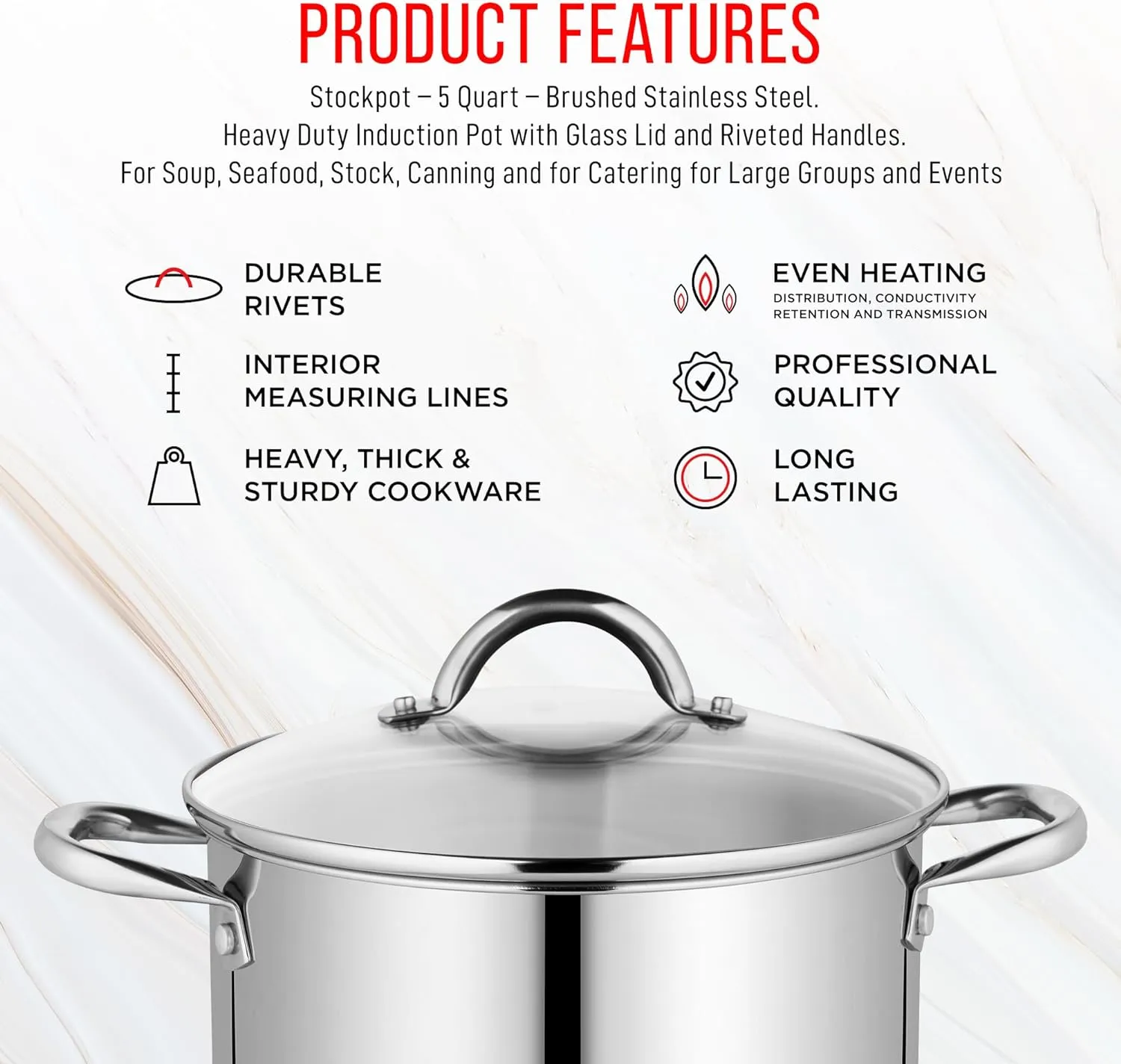 Bakken-Swiss Deluxe 5-Quart Stainless Steel Stockpot w/Tempered Glass See-Through Lid - Simmering Delicious Soups Stews & Induction Cooking - Exceptional Heat Distribution - Heavy-Duty & Food-Grade