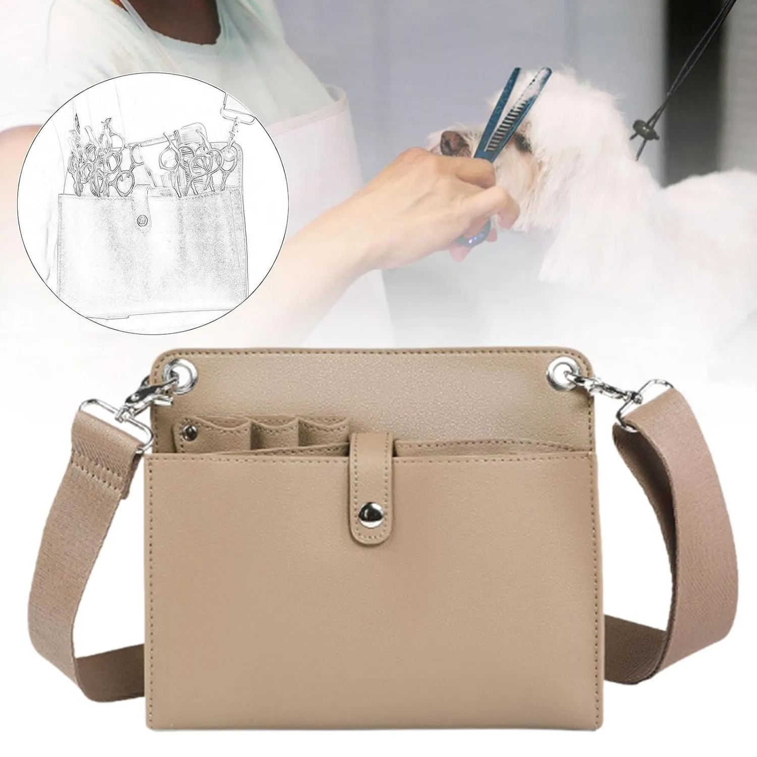 Barber Hair Scissor Shears Bag Haircut Scissor Case PU Leather Adjustable Shoulder Strap for Barber Hair Stylist Groomers, Coffee