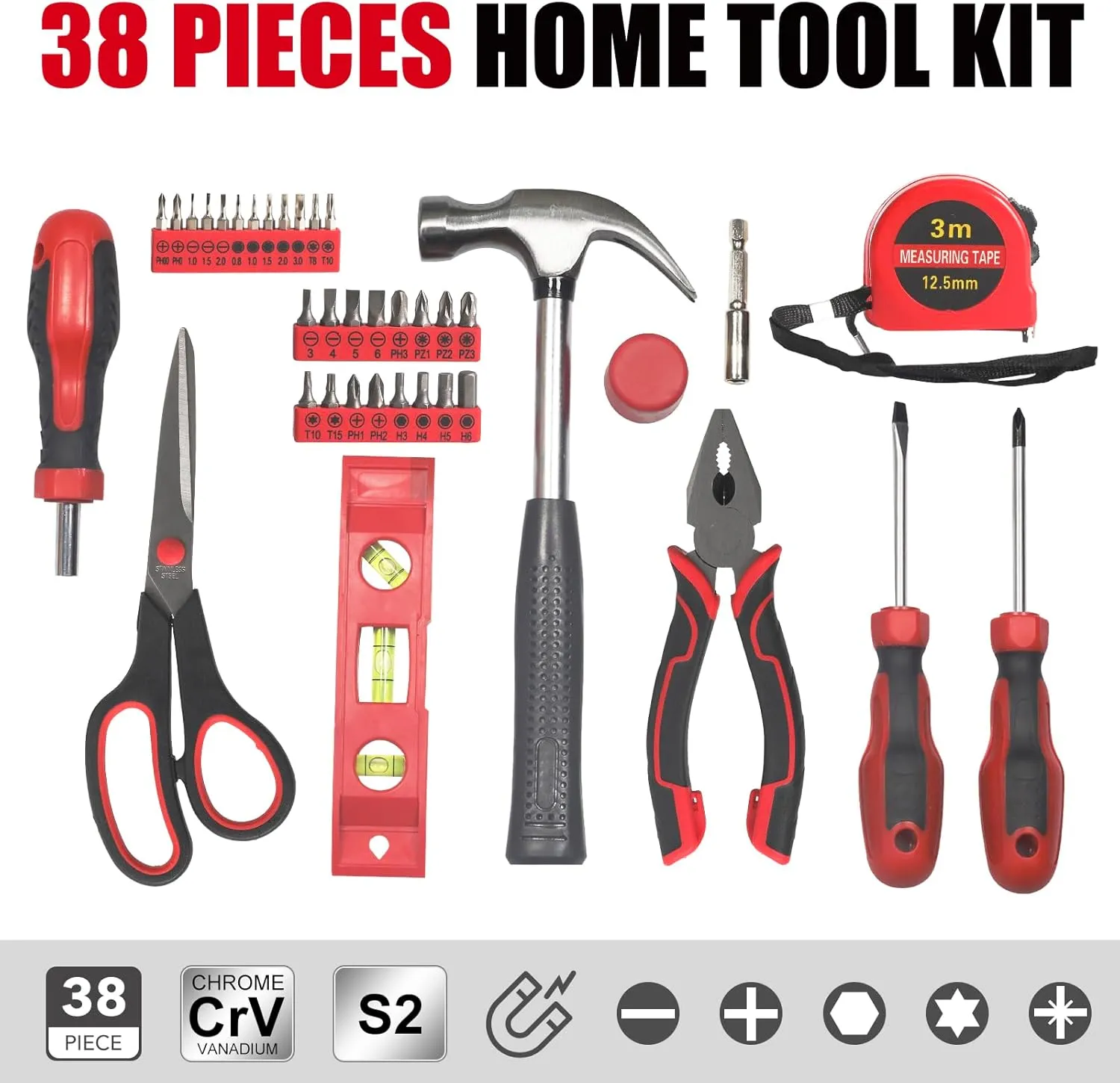 Basic Home Red Tool Kit - 38 Pieces Tool Set with Portable Storage Boxes for Daily Repairing and Maintenance, Home DIY Tool Kit Set for Office & Garage
