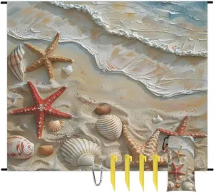 Beach Beach Blanket, Sandproof Beach Mat, Adults Waterproof Quick Drying Sand Free Mat with 4 x Ground Spikes for Outdoor Travel Camping Hiking, Summer Ocean Beach Seashell Starfish