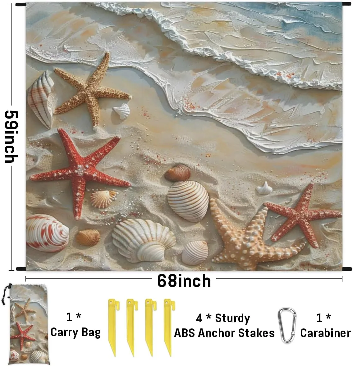 Beach Beach Blanket, Sandproof Beach Mat, Adults Waterproof Quick Drying Sand Free Mat with 4 x Ground Spikes for Outdoor Travel Camping Hiking, Summer Ocean Beach Seashell Starfish
